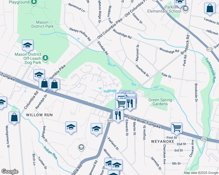 map of restaurants, bars, coffee shops, grocery stores, and more near 6521 Gretna Green Way in Alexandria