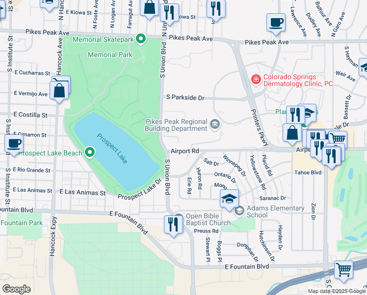 map of restaurants, bars, coffee shops, grocery stores, and more near 1834 Airport Road in Colorado Springs