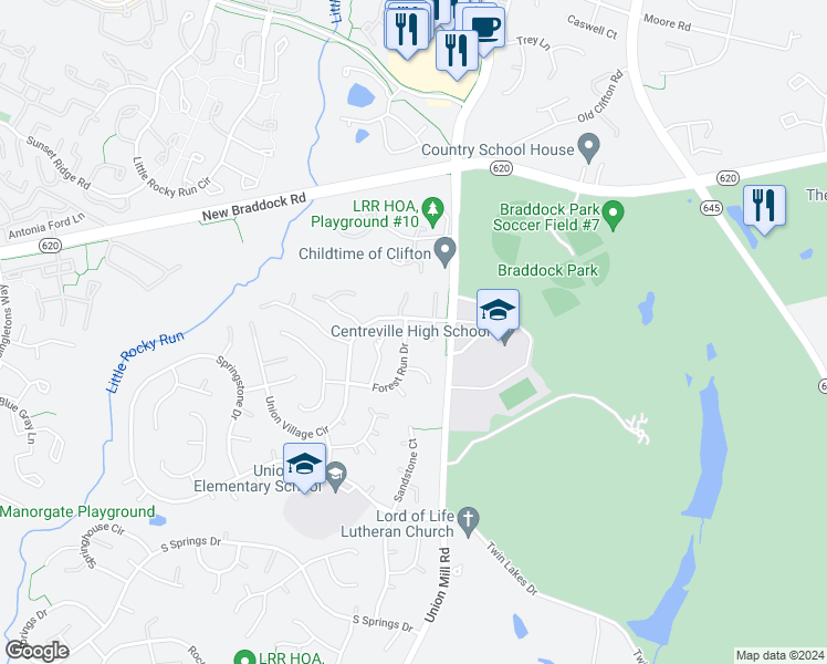 map of restaurants, bars, coffee shops, grocery stores, and more near 6013 Forest Run Drive in Clifton