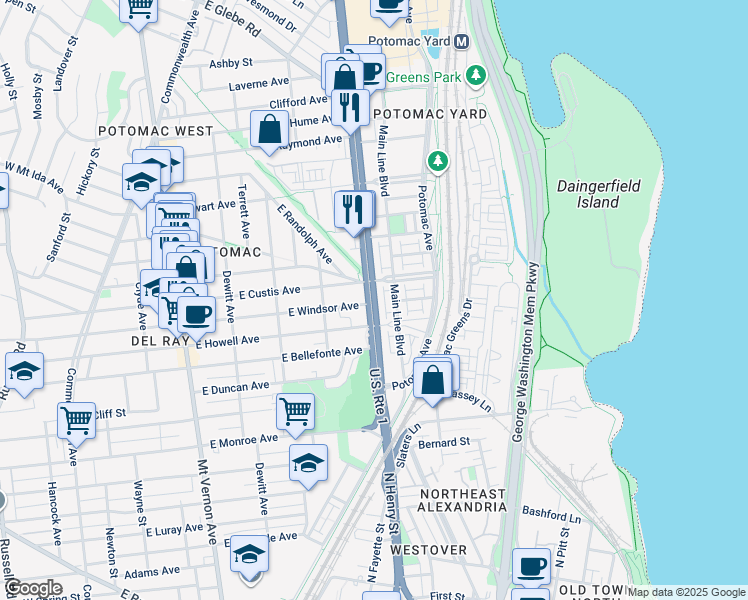 map of restaurants, bars, coffee shops, grocery stores, and more near 2215 Richmond Highway in Alexandria