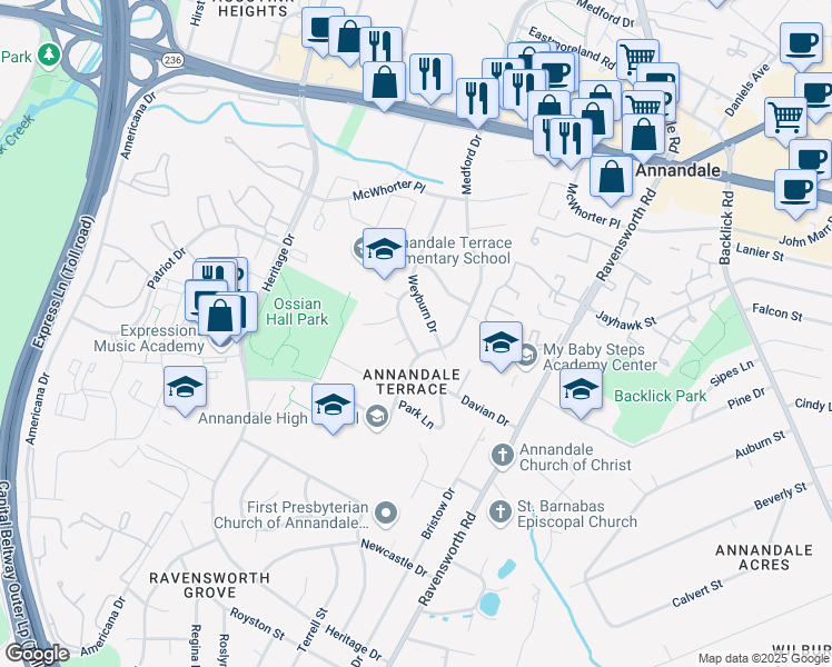 map of restaurants, bars, coffee shops, grocery stores, and more near 4519 Mayfield Drive in Annandale
