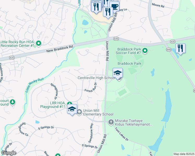 map of restaurants, bars, coffee shops, grocery stores, and more near 6013 Forest Run Drive in Clifton