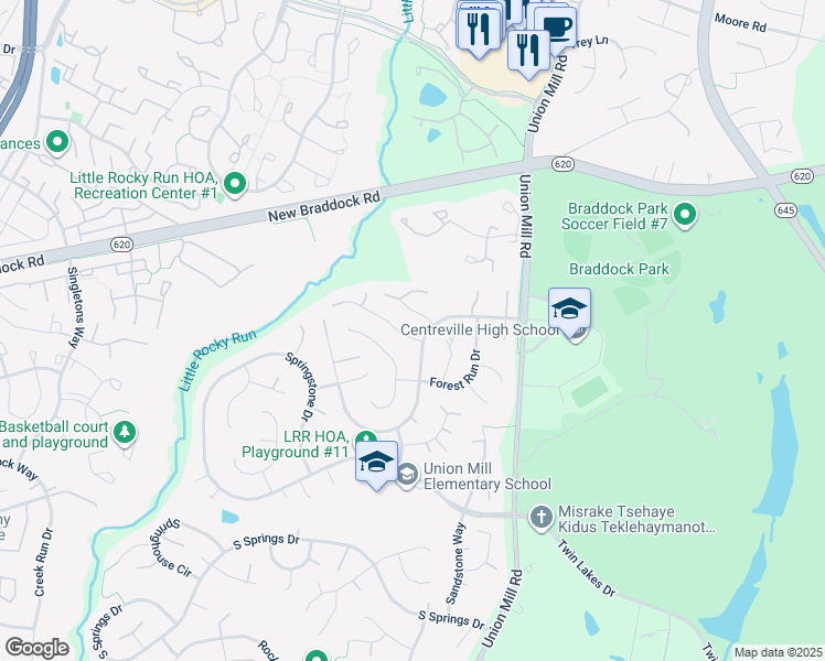 map of restaurants, bars, coffee shops, grocery stores, and more near 6102 Union Village Drive in Clifton