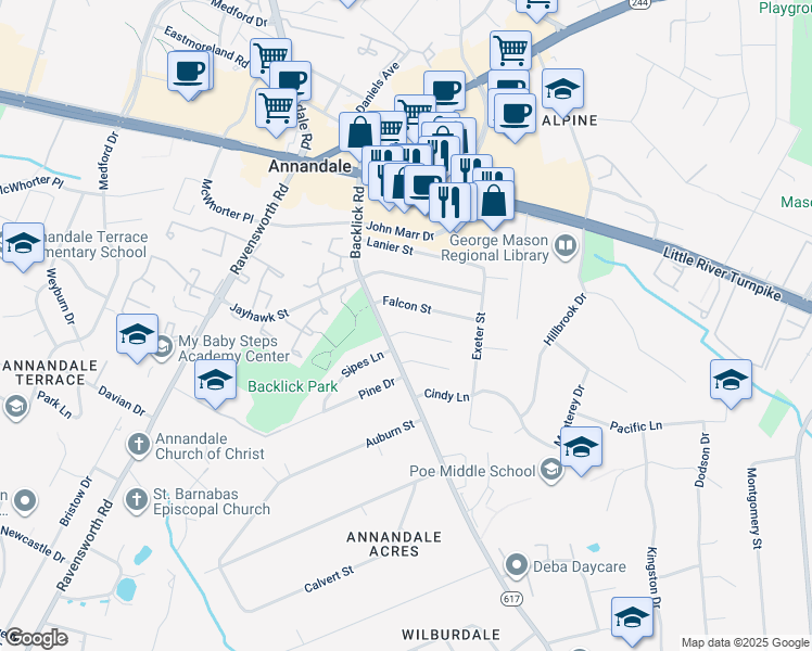 map of restaurants, bars, coffee shops, grocery stores, and more near 7120 Galesville Place in Annandale