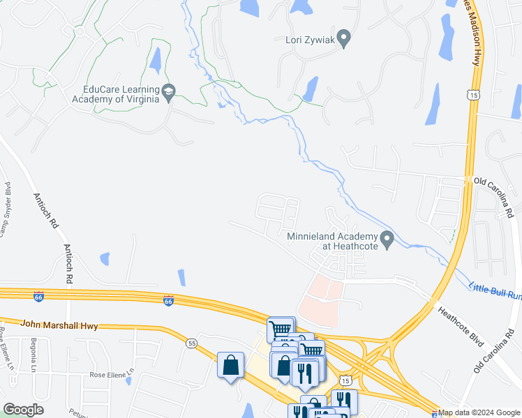 map of restaurants, bars, coffee shops, grocery stores, and more near 15341 Linville Creek Drive in Haymarket
