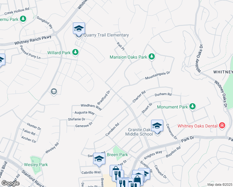 map of restaurants, bars, coffee shops, grocery stores, and more near 2600 Wyckford Boulevard in Rocklin