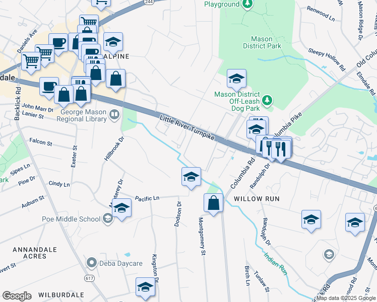 map of restaurants, bars, coffee shops, grocery stores, and more near 4619 Logsdon Drive in Annandale