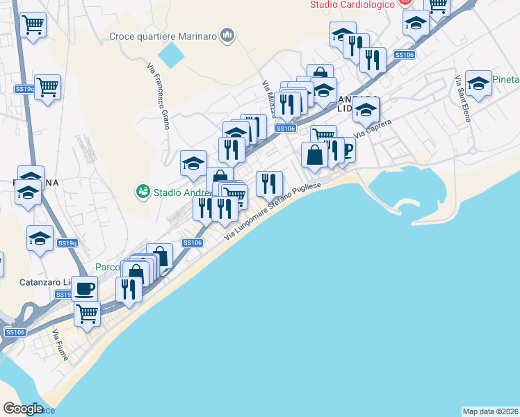map of restaurants, bars, coffee shops, grocery stores, and more near 1 Via Thaon di Revel in Catanzaro