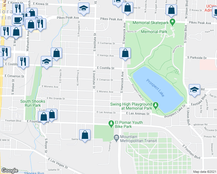 map of restaurants, bars, coffee shops, grocery stores, and more near 941 East Cimarron Street in Colorado Springs