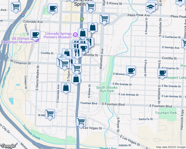 map of restaurants, bars, coffee shops, grocery stores, and more near 505 South Weber Street in Colorado Springs