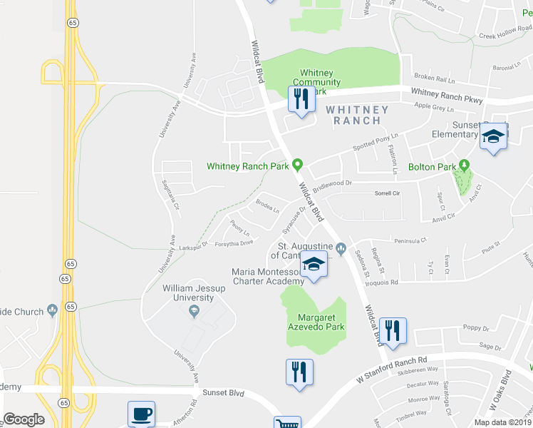 map of restaurants, bars, coffee shops, grocery stores, and more near 1704 Brodea Lane in Rocklin