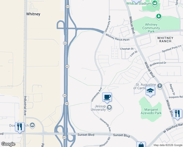 map of restaurants, bars, coffee shops, grocery stores, and more near Roseville Bypass in Rocklin