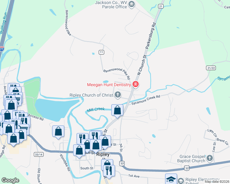 map of restaurants, bars, coffee shops, grocery stores, and more near 105 Carter St in Ripley