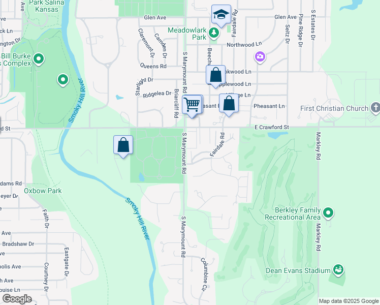 map of restaurants, bars, coffee shops, grocery stores, and more near 2140 East Crawford Street in Salina