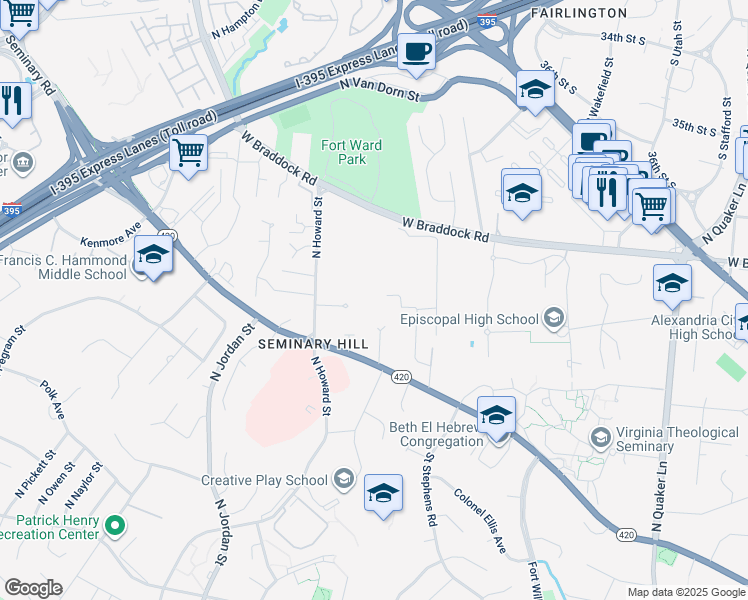map of restaurants, bars, coffee shops, grocery stores, and more near 4150 Lawrence Avenue in Alexandria