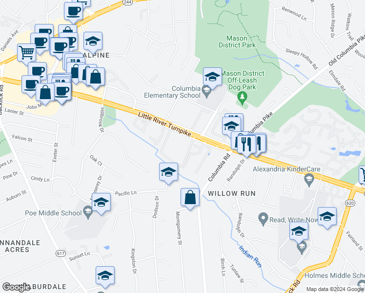 map of restaurants, bars, coffee shops, grocery stores, and more near 4654 Conwell Drive in Annandale
