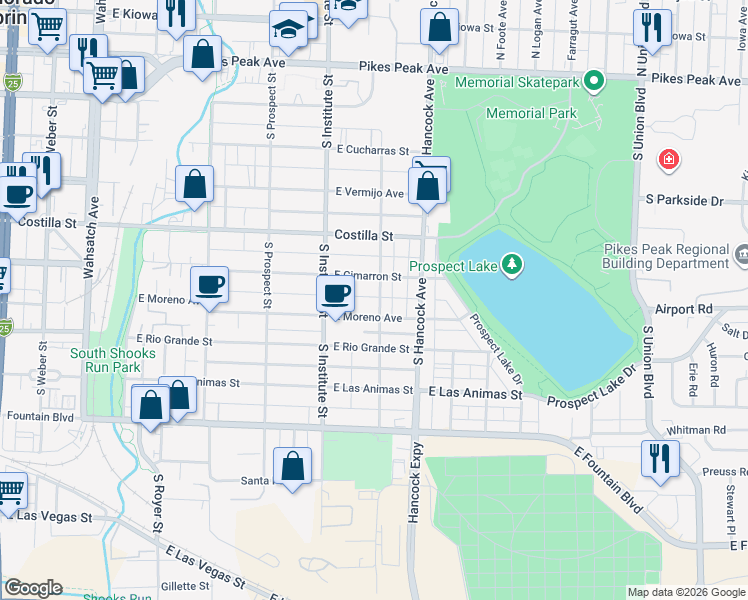 map of restaurants, bars, coffee shops, grocery stores, and more near 941 East Cimarron Street in Colorado Springs