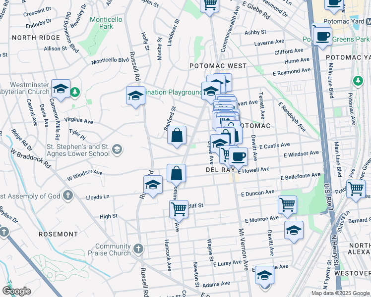 map of restaurants, bars, coffee shops, grocery stores, and more near 2212 Commonwealth Avenue in Alexandria