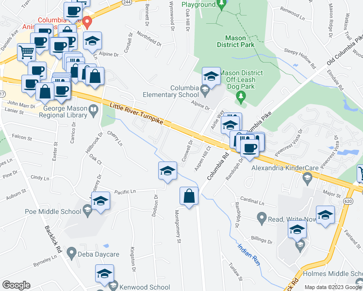 map of restaurants, bars, coffee shops, grocery stores, and more near 4654 Conwell Drive in Annandale