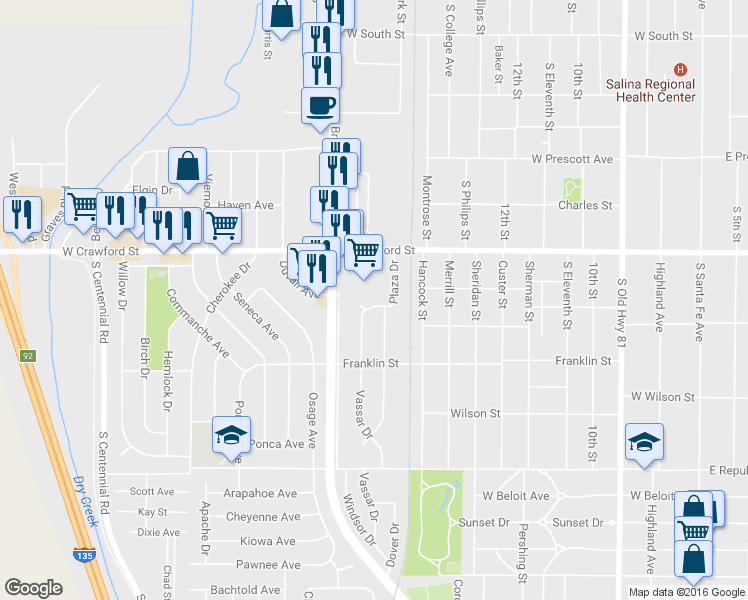 map of restaurants, bars, coffee shops, grocery stores, and more near 736 Vassar Drive in Salina