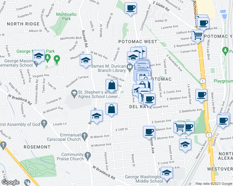 map of restaurants, bars, coffee shops, grocery stores, and more near 2212 Commonwealth Avenue in Alexandria