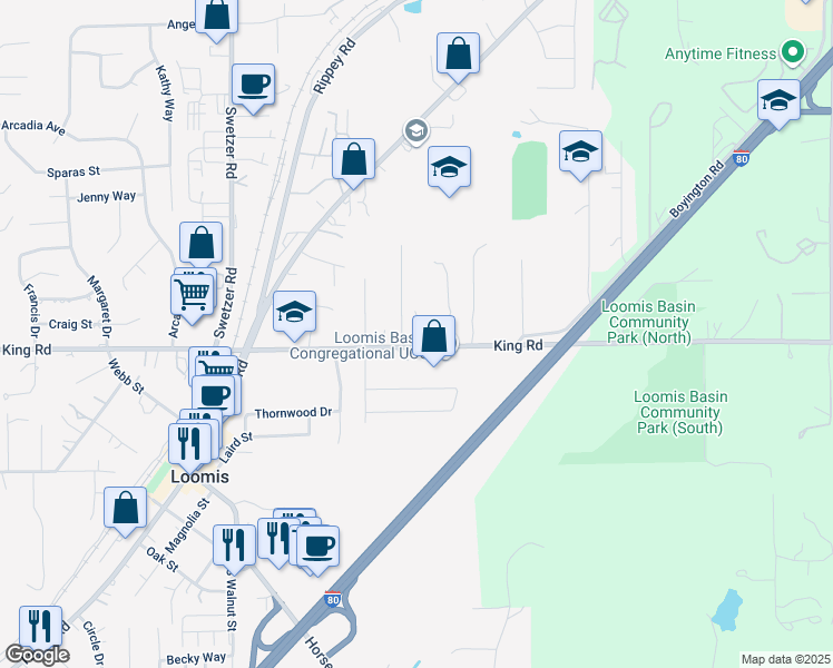 map of restaurants, bars, coffee shops, grocery stores, and more near 6371 King Road in Loomis
