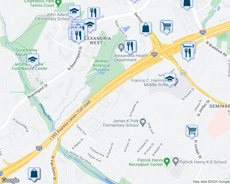 map of restaurants, bars, coffee shops, grocery stores, and more near 1349 North Van Dorn Street in Alexandria