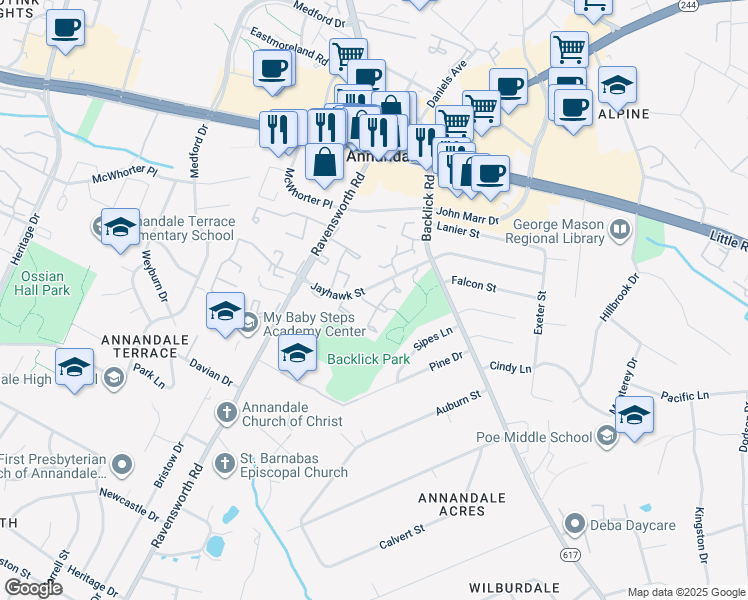 map of restaurants, bars, coffee shops, grocery stores, and more near 4530 King William Court in Annandale