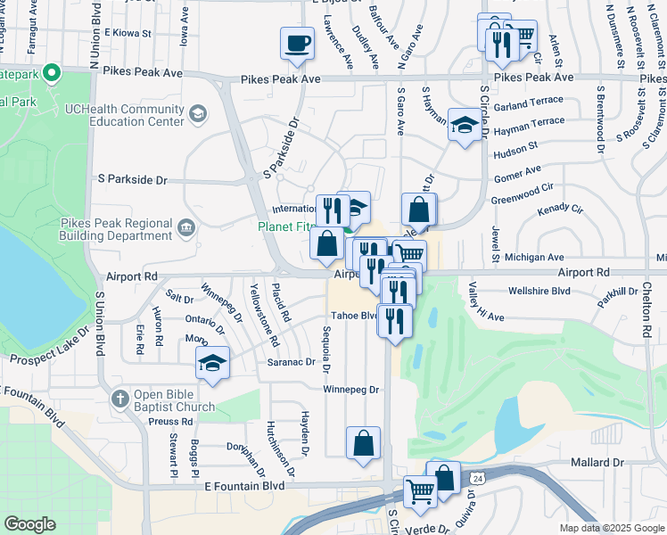 map of restaurants, bars, coffee shops, grocery stores, and more near 2516 Airport Road in Colorado Springs
