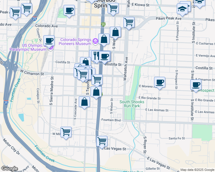 map of restaurants, bars, coffee shops, grocery stores, and more near 509 South Nevada Avenue in Colorado Springs