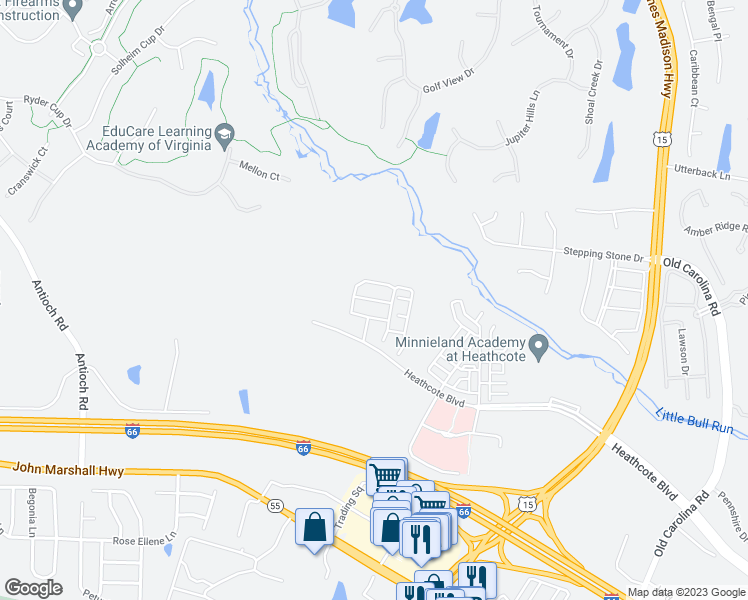 map of restaurants, bars, coffee shops, grocery stores, and more near Linville Creek Drive in Haymarket