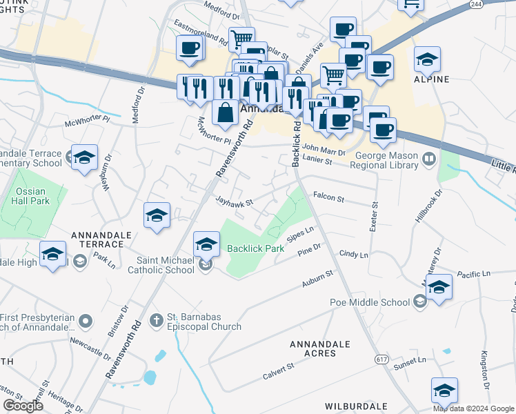 map of restaurants, bars, coffee shops, grocery stores, and more near 4528 King William Court in Annandale