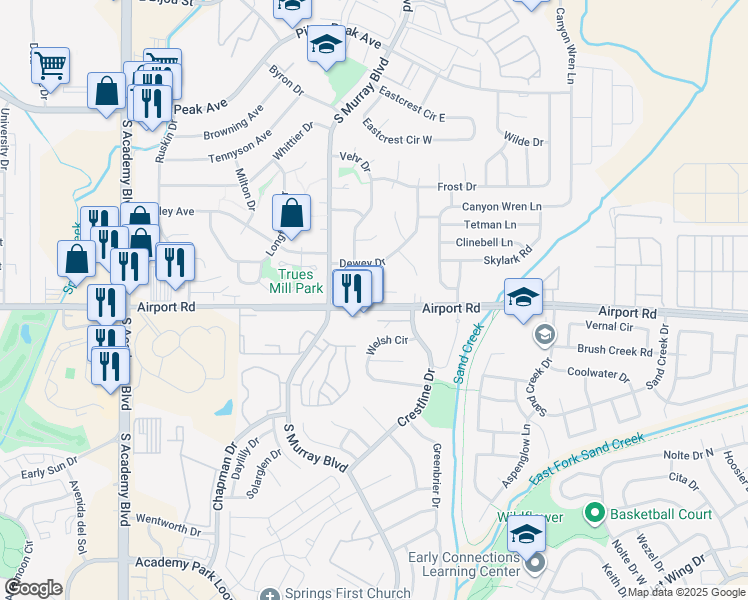 map of restaurants, bars, coffee shops, grocery stores, and more near 340 Gahart Drive in Colorado Springs