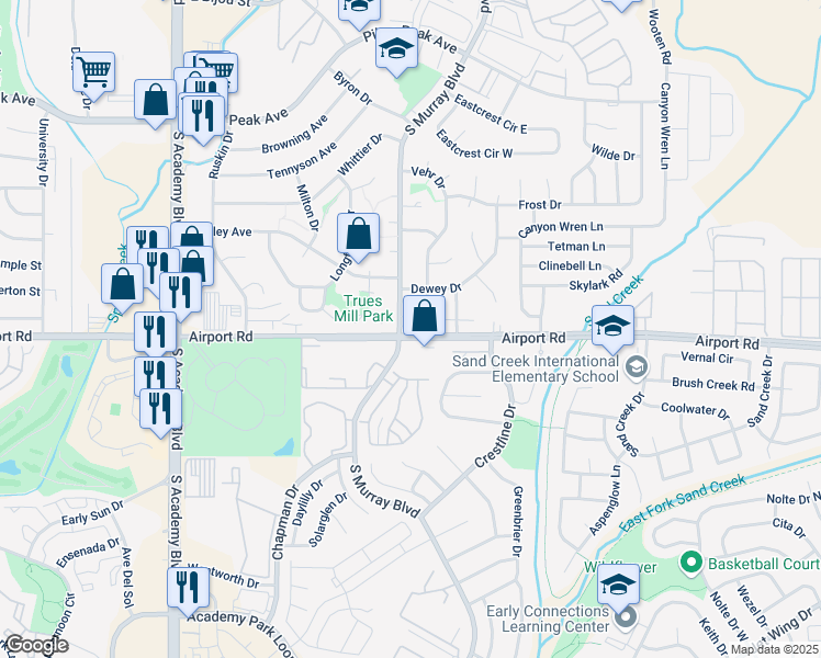 map of restaurants, bars, coffee shops, grocery stores, and more near 340 Vehr Drive in Colorado Springs