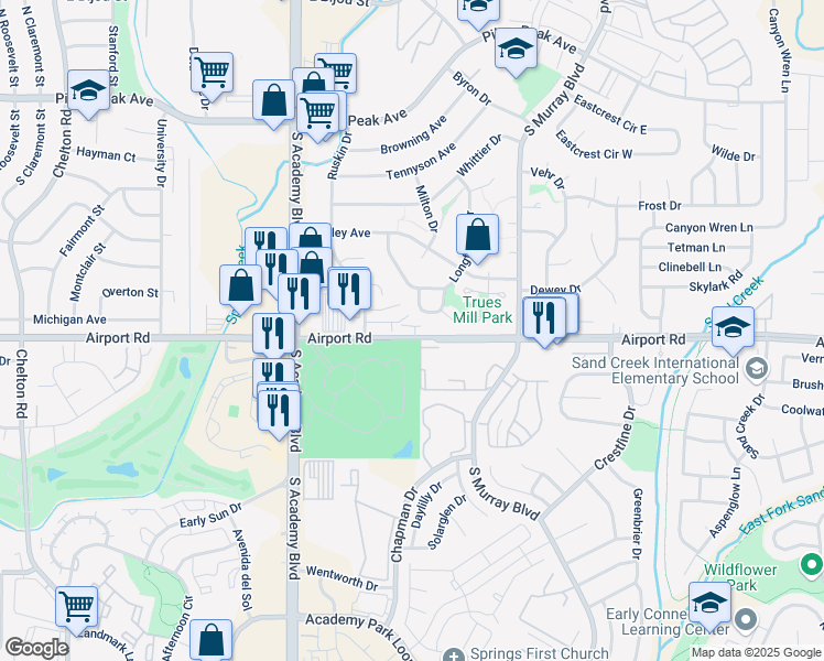 map of restaurants, bars, coffee shops, grocery stores, and more near 328 Poe Place in Colorado Springs