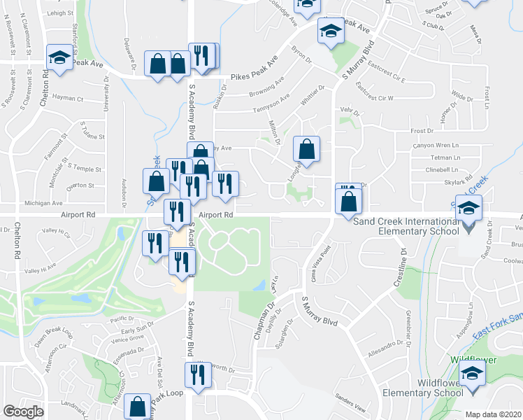 map of restaurants, bars, coffee shops, grocery stores, and more near 328 Poe Place in Colorado Springs