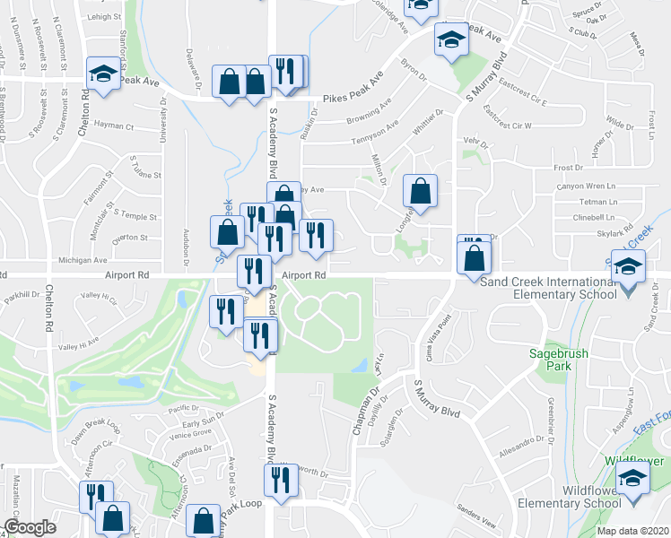 map of restaurants, bars, coffee shops, grocery stores, and more near 4020 Ruskin Way in Colorado Springs