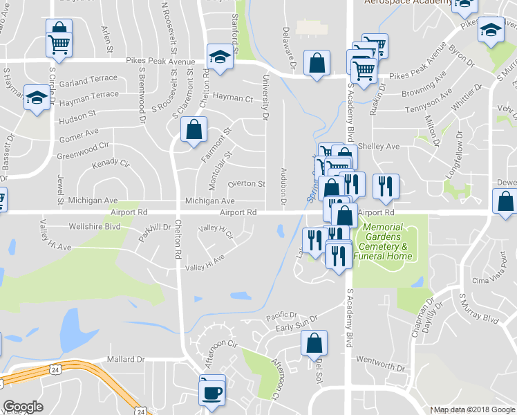 map of restaurants, bars, coffee shops, grocery stores, and more near 3684 Michigan Avenue in Colorado Springs