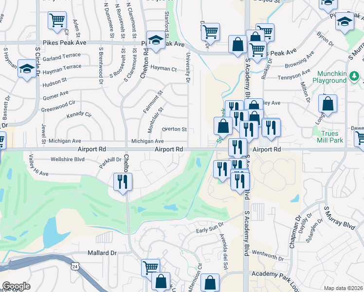 map of restaurants, bars, coffee shops, grocery stores, and more near 3684 Michigan Avenue in Colorado Springs