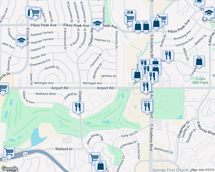 map of restaurants, bars, coffee shops, grocery stores, and more near 3660 Michigan Avenue in Colorado Springs