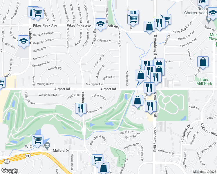 map of restaurants, bars, coffee shops, grocery stores, and more near 3660 Michigan Avenue in Colorado Springs
