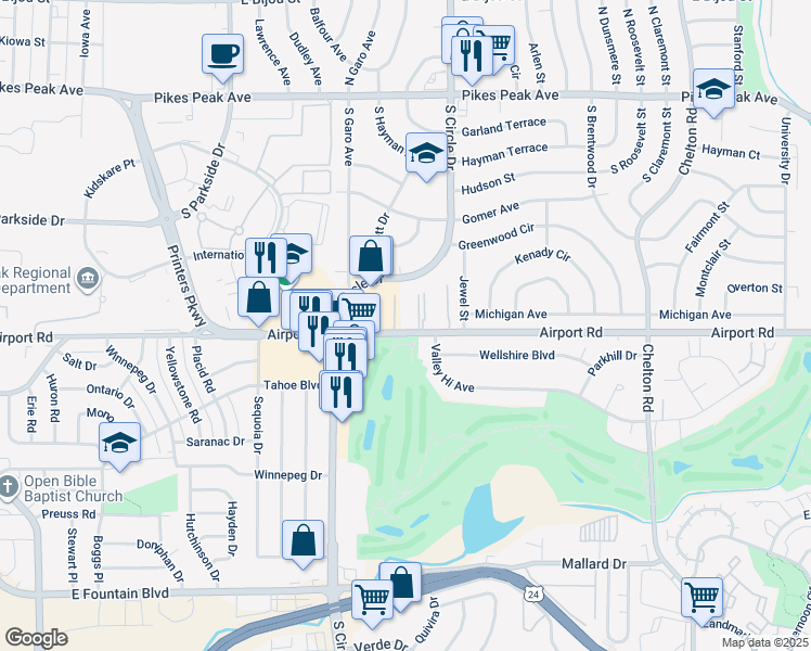 map of restaurants, bars, coffee shops, grocery stores, and more near 2780 Airport Road in Colorado Springs
