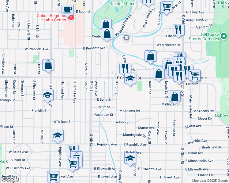 map of restaurants, bars, coffee shops, grocery stores, and more near 724 South Front Street in Salina