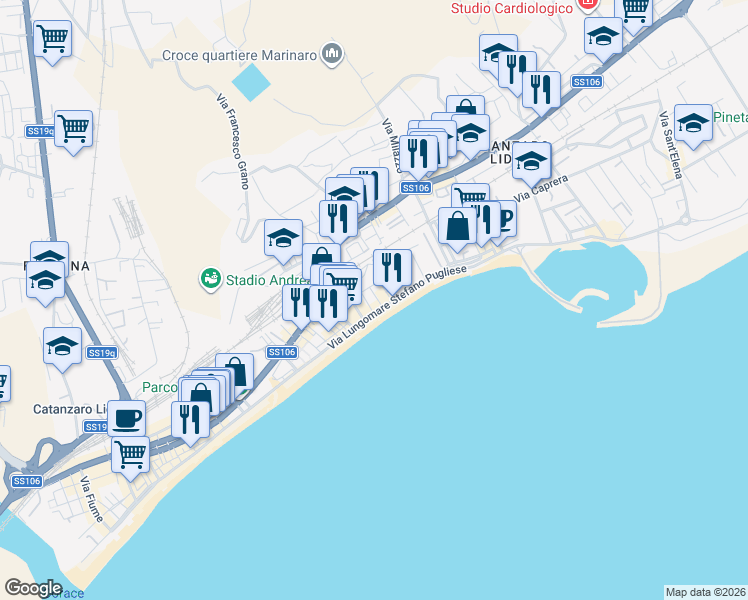 map of restaurants, bars, coffee shops, grocery stores, and more near 1 Via Thaon di Revel in Catanzaro