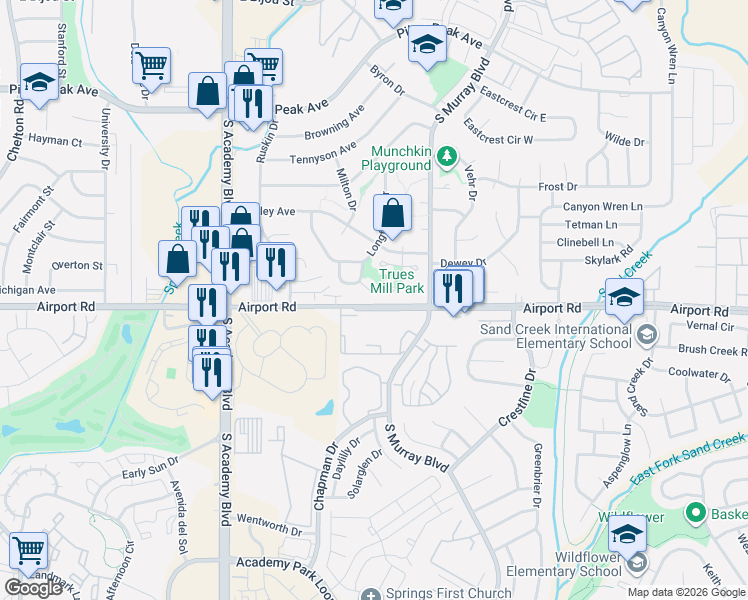 map of restaurants, bars, coffee shops, grocery stores, and more near 4118 Husted Mill Court in Colorado Springs