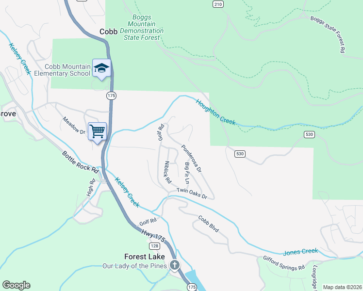 map of restaurants, bars, coffee shops, grocery stores, and more near 16190 Ponderosa Drive in Cobb