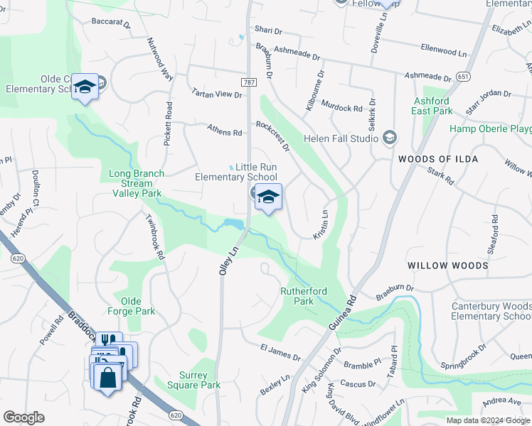 map of restaurants, bars, coffee shops, grocery stores, and more near 4511 Olley Lane in Fairfax