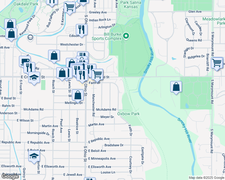 map of restaurants, bars, coffee shops, grocery stores, and more near 726 Faith Drive in Salina