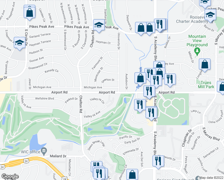 map of restaurants, bars, coffee shops, grocery stores, and more near 3673 Michigan Avenue in Colorado Springs