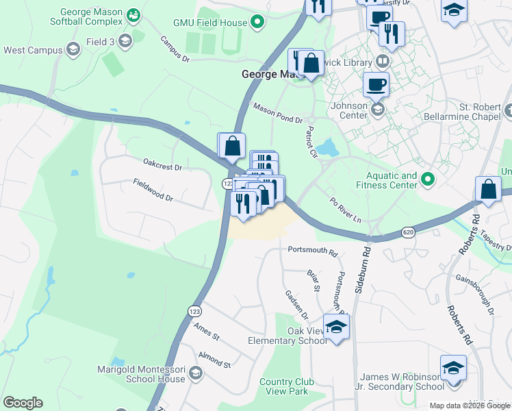map of restaurants, bars, coffee shops, grocery stores, and more near 10637 Braddock Road in Fairfax